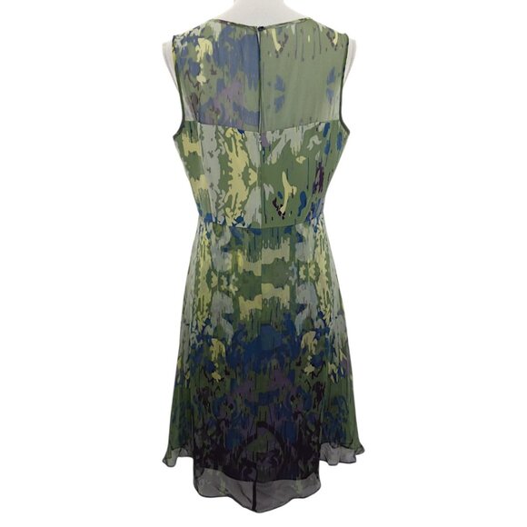 Vessel by Timo  Flowy 100% Silk Green Abstract Print Lace Inset Dress Size 12 - Picture 7 of 12